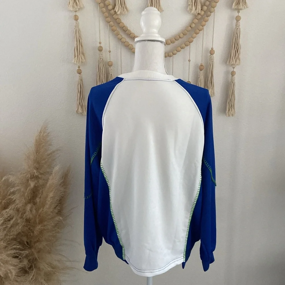pieced sweatshirt top trendy mixed media long sleeve embroidered blue white M - Picture 10 of 16